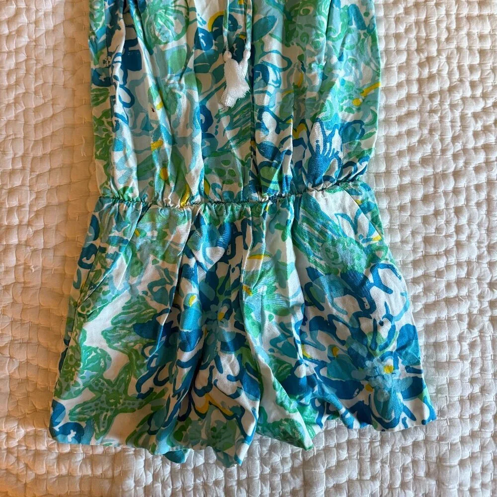 Lilly Pulitzer Shorts Romper Sleeveless Tassel Tie Romper Blue Green Print XS - Picture 7 of 7